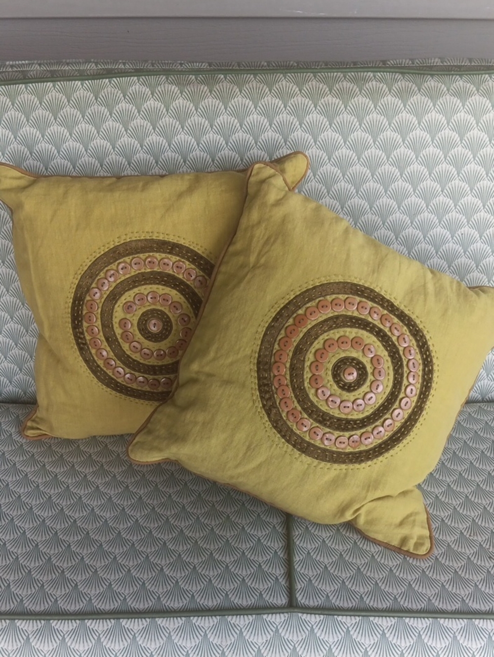 Set Of (2) Handmade Intricate Circular Button Patterned Throw Pillows.